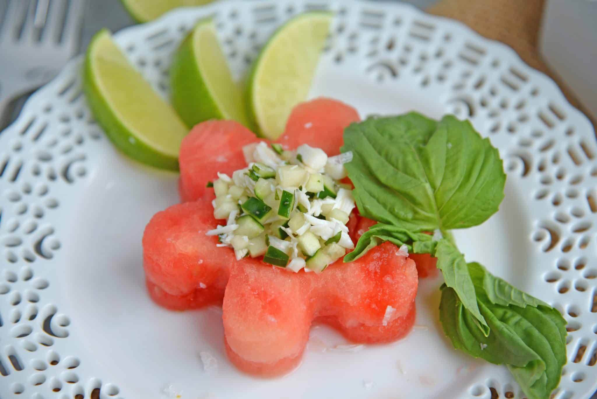 Watermelon Crab Salad is a refreshing, healthy salad complete with crab meat, a touch of heat, and a good dose of watermelon. Perfect for a light lunch! #watermelonsalad #crabmeat #watermelon www.savoryexperiments.com