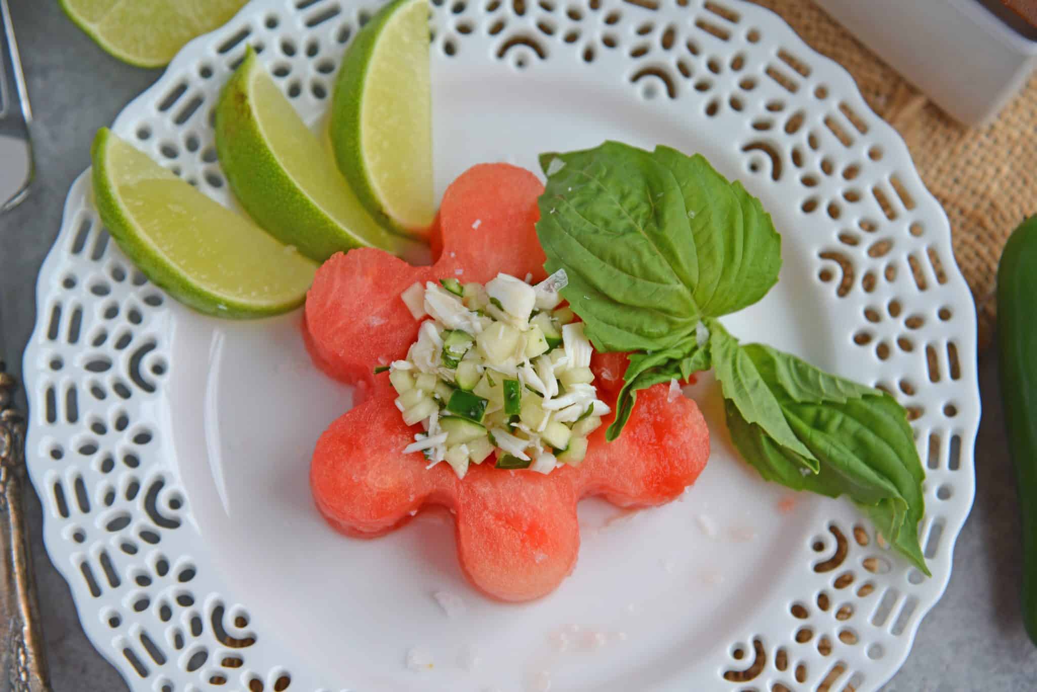 Watermelon Crab Salad is a refreshing, healthy salad complete with crab meat, a touch of heat, and a good dose of watermelon. Perfect for a light lunch! #watermelonsalad #crabmeat #watermelon www.savoryexperiments.com