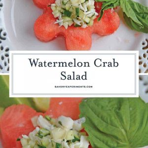 Watermelon Crab Salad is a refreshing, healthy salad complete with crab meat, a touch of heat, and a good dose of watermelon. Perfect for a light lunch! #watermelonsalad #crabmeat #watermelon www.savoryexperiments.com