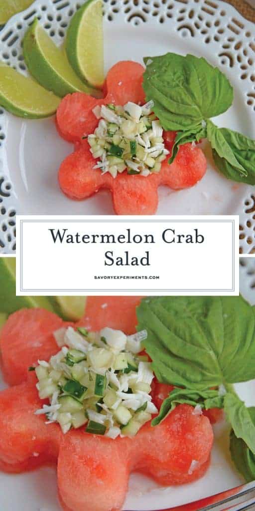 Watermelon Crab Salad is a refreshing, healthy salad complete with crab meat, a touch of heat, and a good dose of watermelon. Perfect for a light lunch! #watermelonsalad #crabmeat #watermelon www.savoryexperiments.com