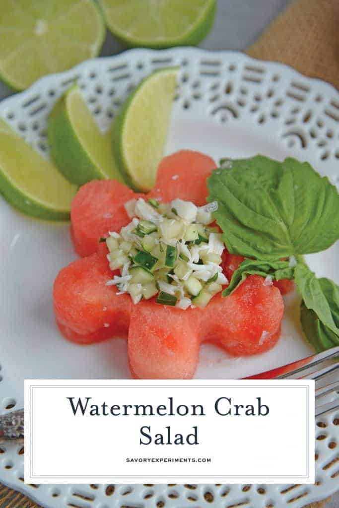 Watermelon Crab Salad is a refreshing, healthy salad complete with crab meat, a touch of heat, and a good dose of watermelon. Perfect for a light lunch! #watermelonsalad #crabmeat #watermelon www.savoryexperiments.com