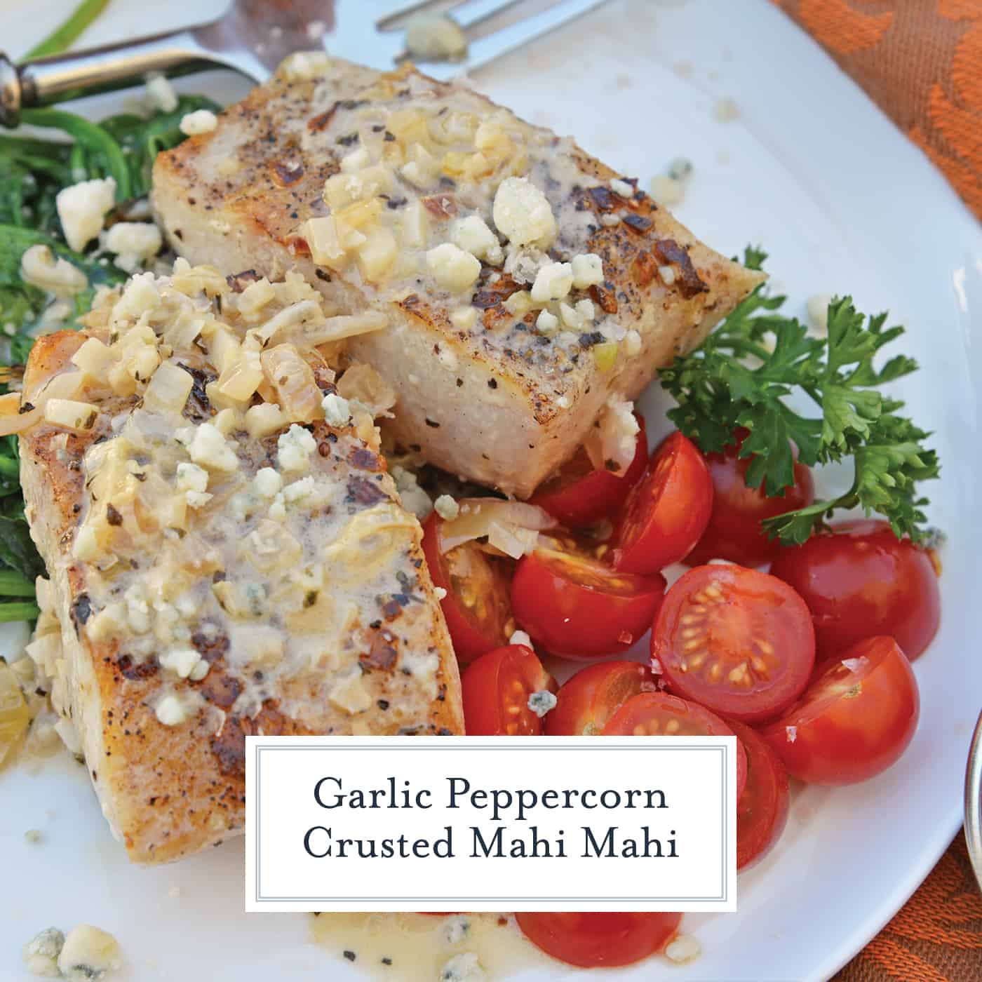 This Garlic Peppercorn Crusted Mahi Mahi recipe is serve with a sherry blue cheese cream sauce give it a restaurant quality flavor. #mahimahirecipes #howtocookmahimahi www.savoryexperiments.com