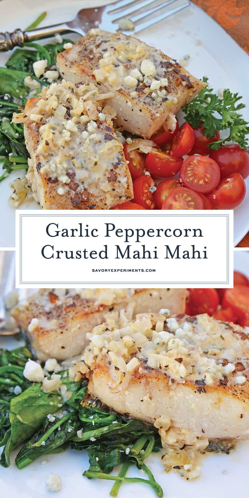 This Garlic Peppercorn Crusted Mahi Mahi recipe is serve with a sherry blue cheese cream sauce give it a restaurant quality flavor. #mahimahirecipes #howtocookmahimahi www.savoryexperiments.com