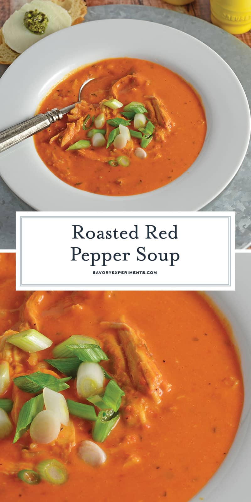 Roasted Red Pepper Soup is gluten and dairy free using hummus, roasted red peppers, pre-cooked chicken, and brown rice for a super quick and healthy soup! #roastedredpeppersoup #recipesthatusehummus #chickensoup www.savoryexperiments.com