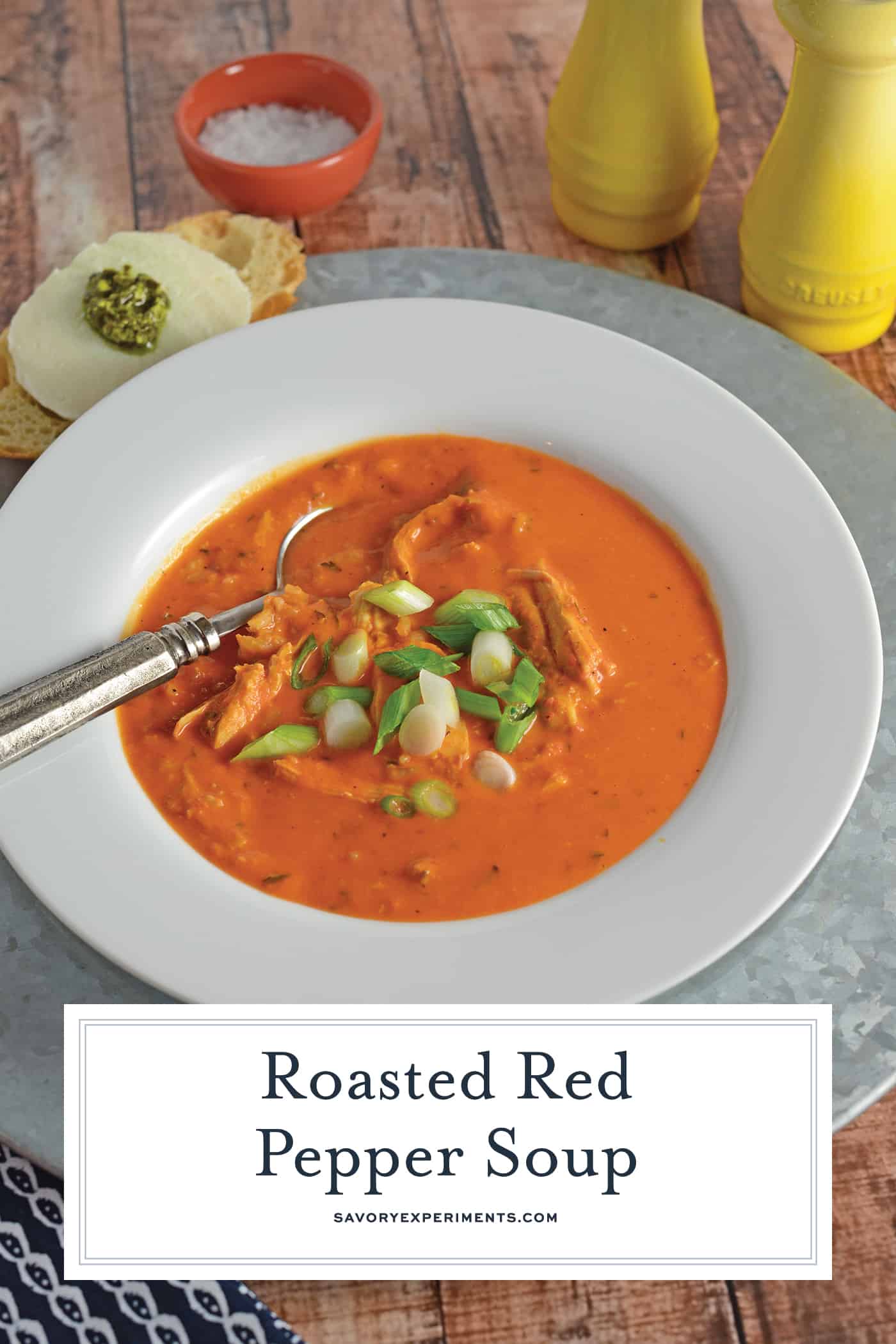 Roasted Red Pepper Soup is gluten and dairy free using hummus, roasted red peppers, pre-cooked chicken, and brown rice for a super quick and healthy soup! #roastedredpeppersoup #recipesthatusehummus #chickensoup www.savoryexperiments.com