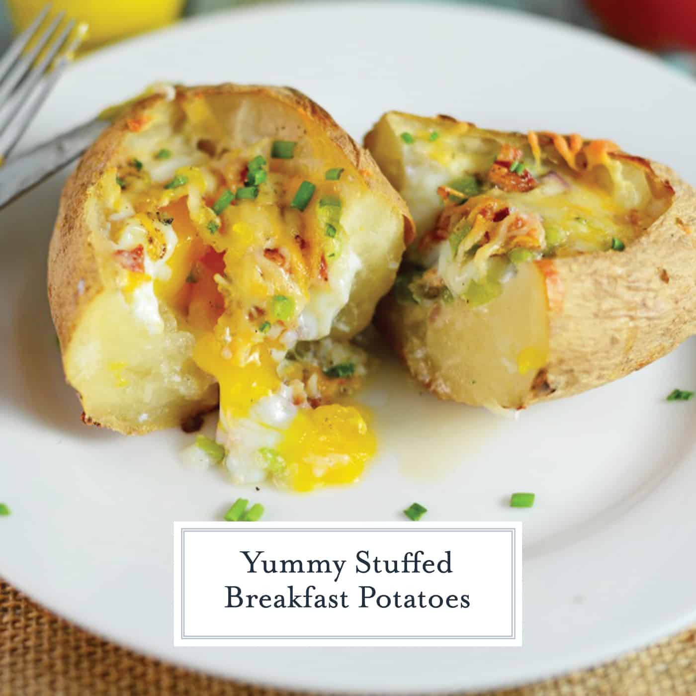 Stuffed Breakfast Potatoes are an easy one-dish breakfast solution perfect for feeding a group! Stuffed with cheese, your choice of veggies, bacon and an egg! #breakfastpotatoes #stuffedbakedpotatoes www.savoryexperiments.com