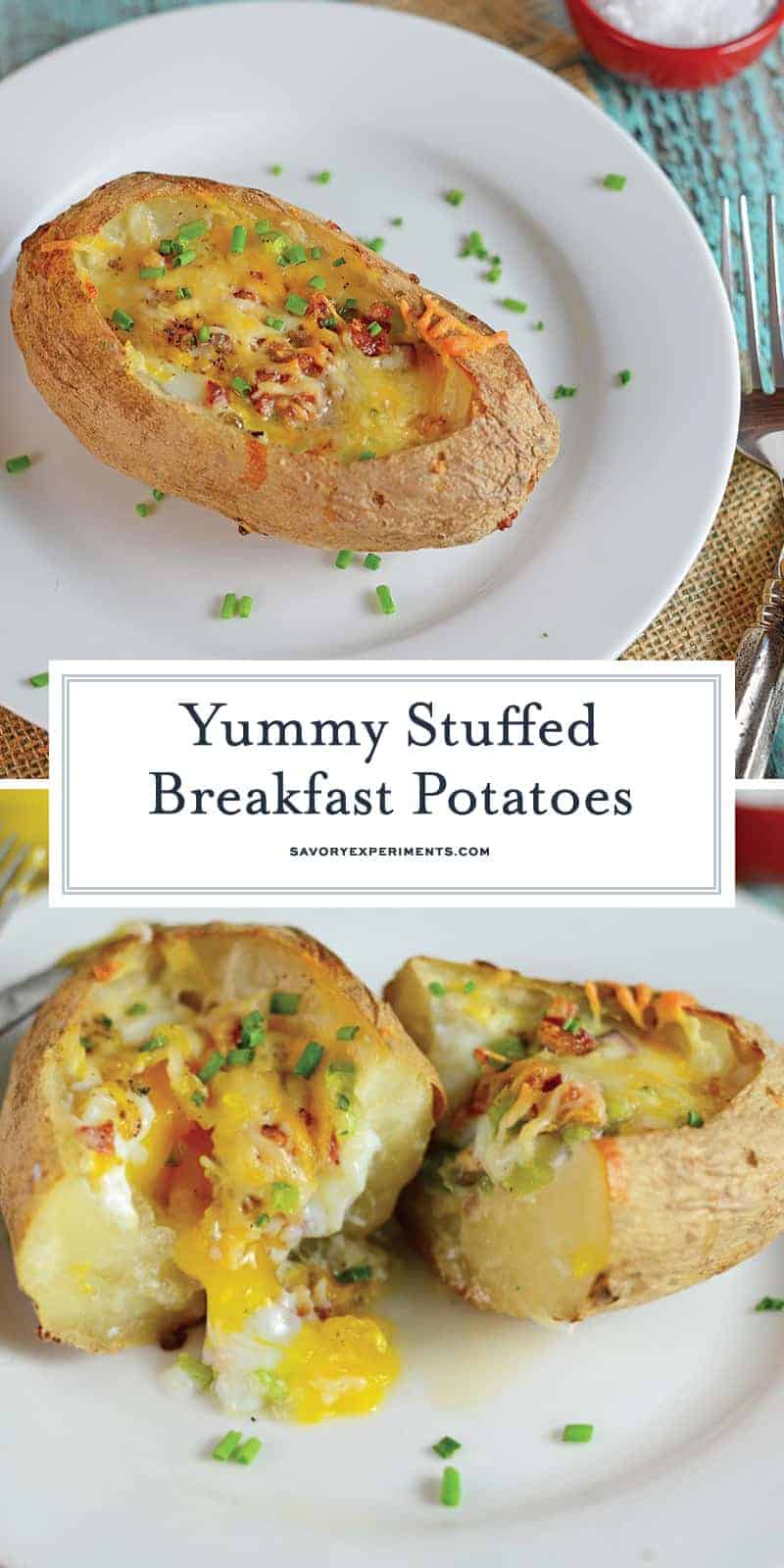 Stuffed Breakfast Potatoes are an easy one-dish breakfast solution perfect for feeding a group! Stuffed with cheese, your choice of veggies, bacon and an egg! #breakfastpotatoes #stuffedbakedpotatoes www.savoryexperiments.com