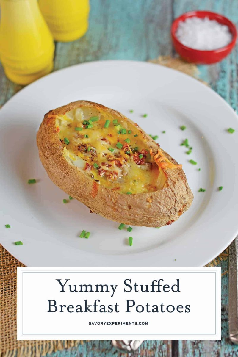 Stuffed Breakfast Potatoes are an easy one-dish breakfast solution perfect for feeding a group! Stuffed with cheese, your choice of veggies, bacon and an egg! #breakfastpotatoes #stuffedbakedpotatoes www.savoryexperiments.com