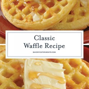 Homemade Waffles is a classic recipe that has an additional 13 ideas for fun variations. The perfect Sunday breakfast. #homemadewaffles #wafflerecipe www.savoryexperiments.com