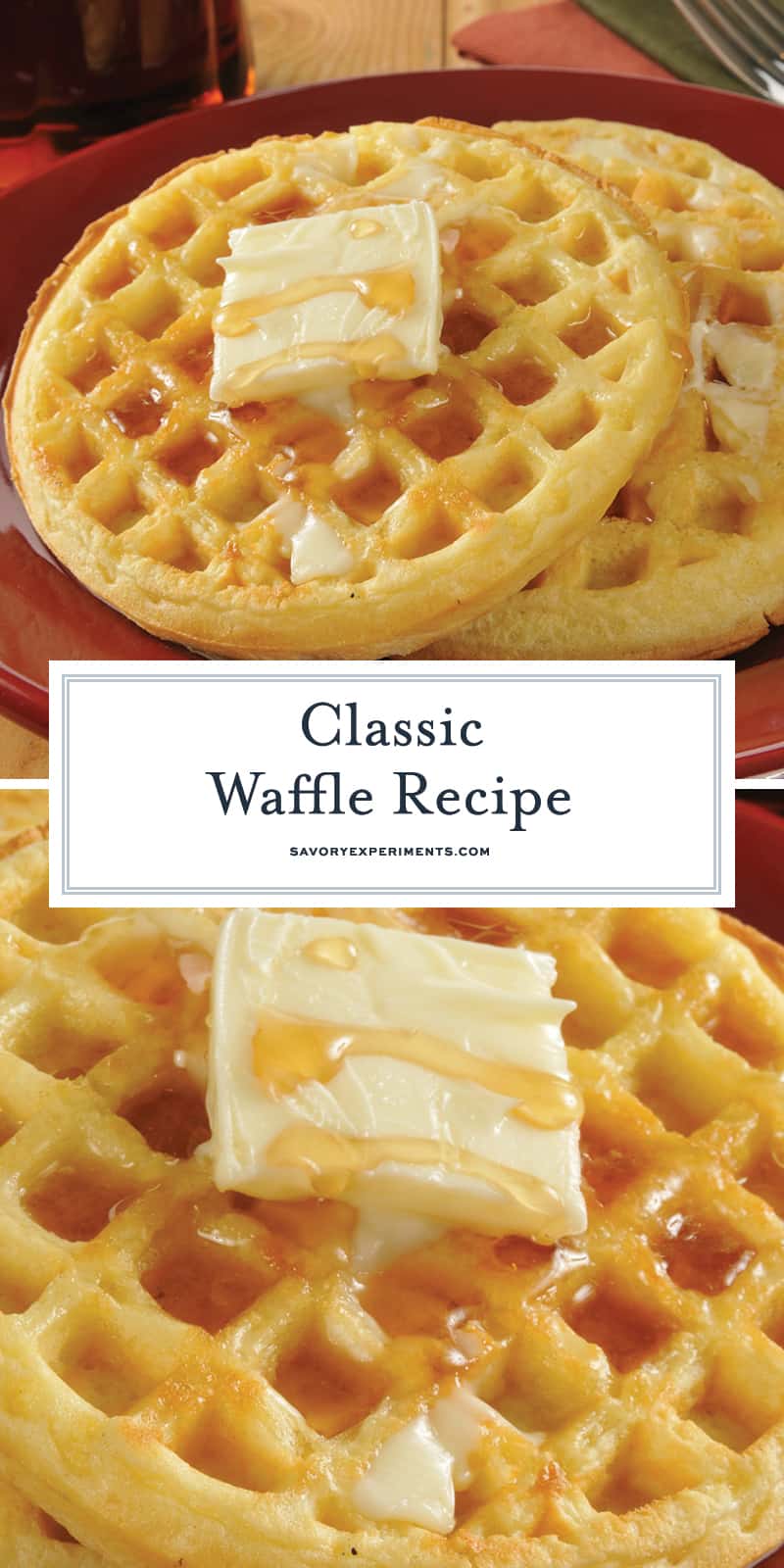 Homemade Waffles is a classic recipe that has an additional 13 ideas for fun variations. The perfect Sunday breakfast. #homemadewaffles #wafflerecipe www.savoryexperiments.com