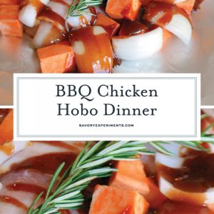 This BBQ Chicken Hobo Dinner is a great dinner option for families on the go. These chicken foil packets are packed full of flavor for a weeknight meal! #hobodinner #chickenfoilpackets #hobopackets www.savoryexperiments.com