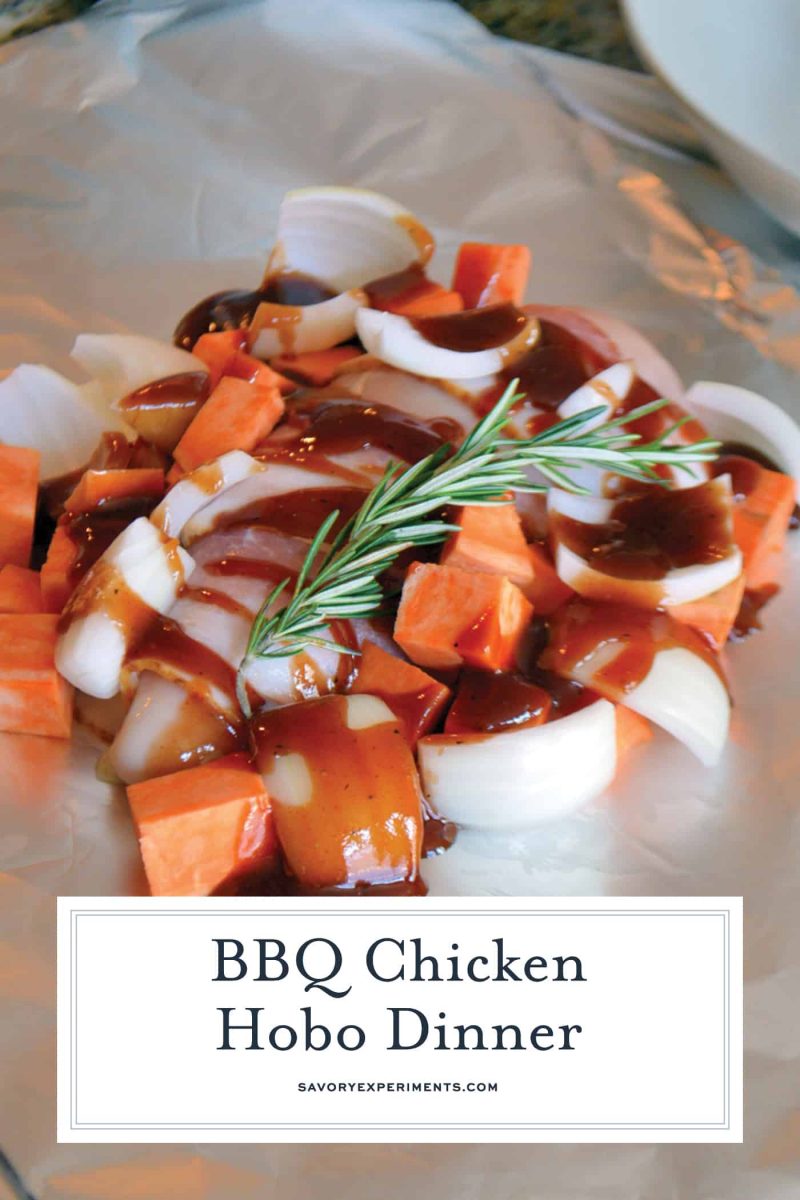 BBQ Chicken Hobo Dinner - BBQ Sweet Potatoes Chicken Foil Packets - This BBQ Chicken Hobo Dinner is a great dinner option for families on the go. These chicken foil packets are packed full of flavor for a weeknight meal! #bbqchickenhobodinner