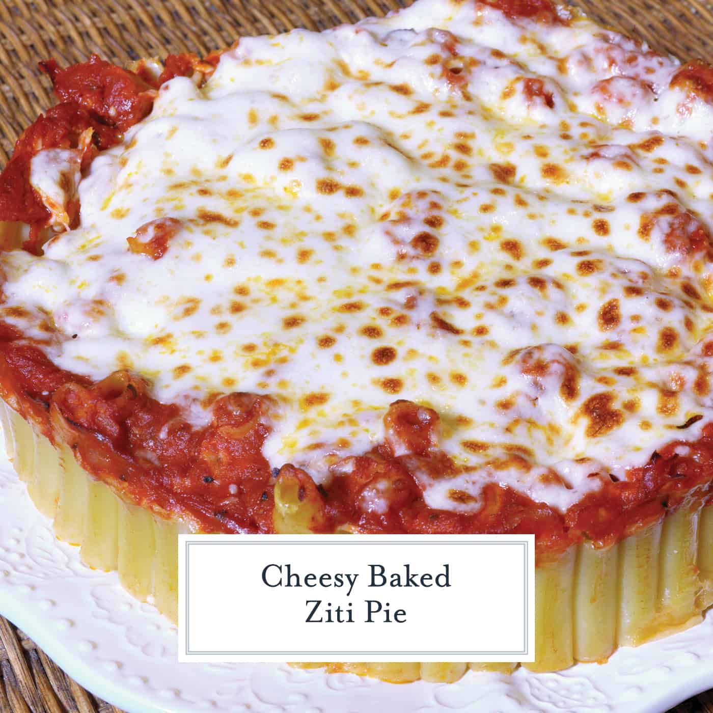 Baked Ziti Pie is a new twist on an old classic. Ziti smothered in marinara and cheese, but in pie form! Make with a side of Italian sausage or meatballs. #bakedzitirecipes #howtomakebakedziti www.savoryexperiments.com
