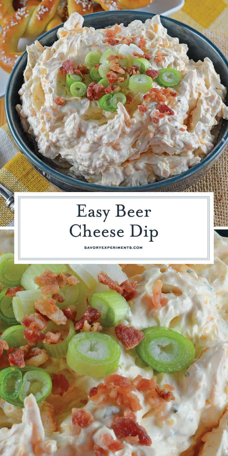 Beer Cheese Dip is an easy, spreadable, zesty pub cheese great for serving with soft pretzels, crackers, carrots, celery sticks or chips! #beercheesedip #beercheesepretzeldip www.savoryexperiments.com 