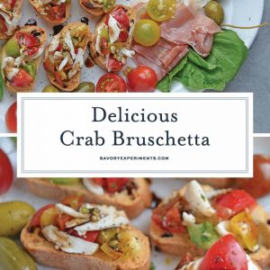 Crab Bruschetta is a mound of fresh tomatoes, garlic basil and buttery crab meat piled high on crispy toast. This is one of the best appetizers out there! #crabbruschetta #easybruschetta www.savoryexperiments.com