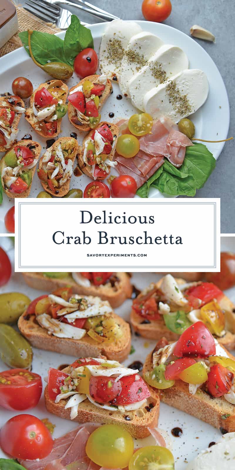 Crab Bruschetta is a mound of fresh tomatoes, garlic basil and buttery crab meat piled high on crispy toast. This is one of the best appetizers out there! #crabbruschetta #easybruschetta www.savoryexperiments.com