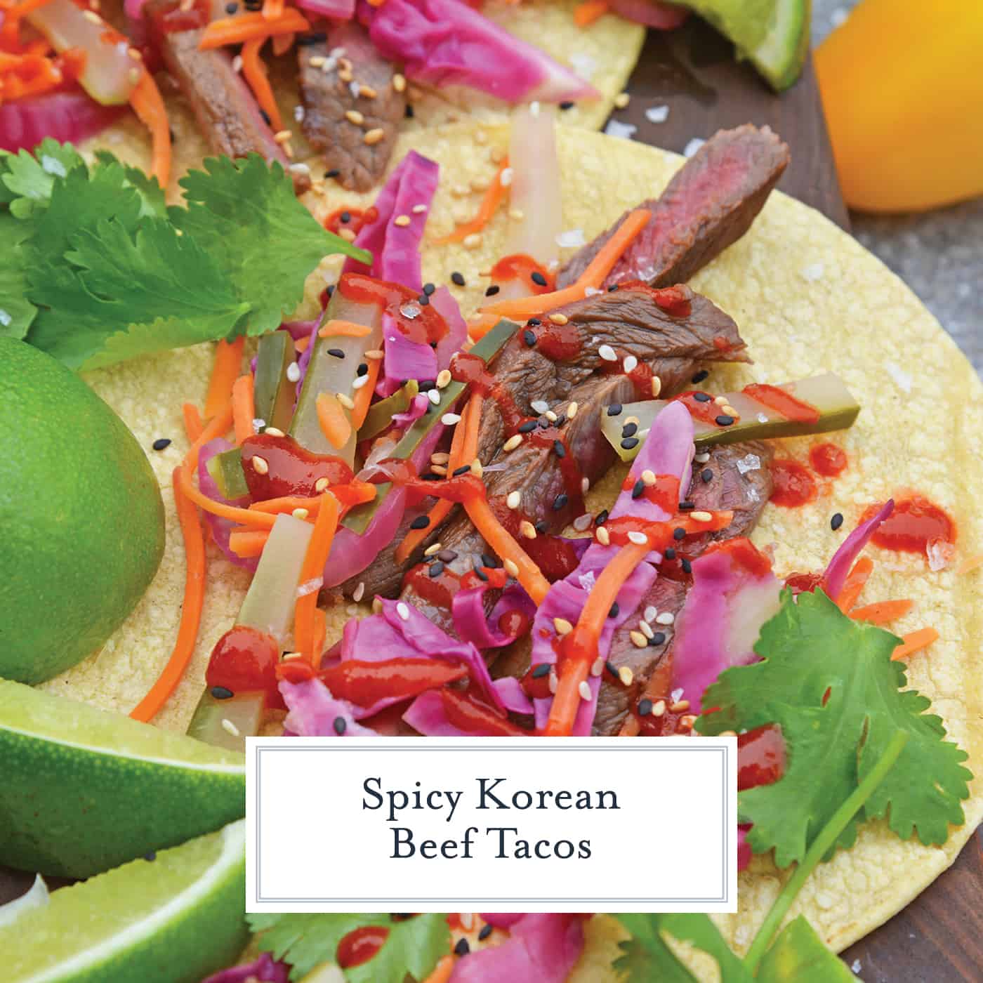 Korean Beef Tacos are stuffed with seasoned bulgogi beef, fresh veggies, and spicy sauce! These are the best Korean tacos you will ever eat! Easy and tasty! #Koreanbeeftacos #bulgogitacos www.savoryexperiments.com