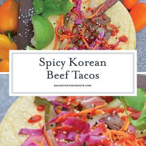 Korean Beef Tacos are stuffed with seasoned bulgogi beef, fresh veggies, and spicy sauce! These are the best Korean tacos you will ever eat! Easy and tasty! #Koreanbeeftacos #bulgogitacos www.savoryexperiments.com