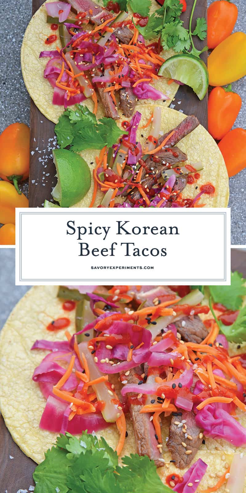 Korean Beef Tacos are stuffed with seasoned bulgogi beef, fresh veggies, and spicy sauce! These are the best Korean tacos you will ever eat! Easy and tasty! #Koreanbeeftacos #bulgogitacos www.savoryexperiments.com