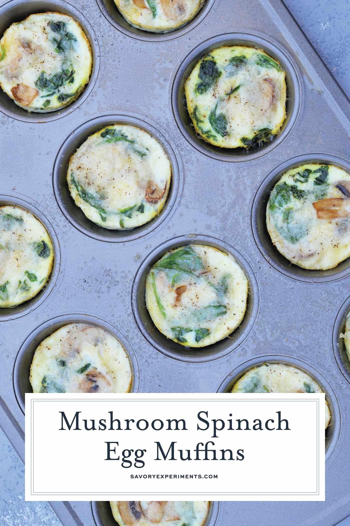 Mushroom Spinach Egg Muffins are the perfect idea for making ahead to freeze in individual serving sizes, or for guests for brunch or breakfast! #eggmuffins #eggcups #muffintineggs www.savoryexperiments.com