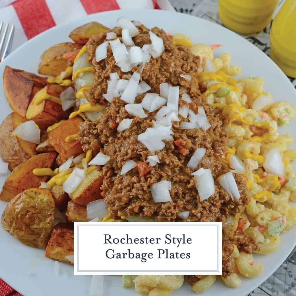 A Garbage Plate is a loaded dish of crispy home fries, hot sauce, macaroni salad and cheeseburgers topped with raw onions, condiments and slices of white bread. #garbageplates www.savoryexperiments.com