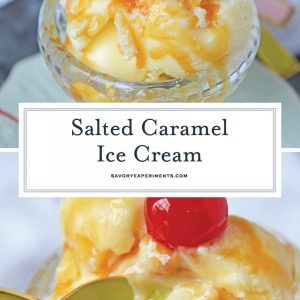 Salted Caramel Ice Cream is what salty sweet goodness dreams are made of! In just 35 minutes you can make your own homemade ice cream at home! #saltedcaramelicecream #homemadeicecream www.savoryexperiments.com