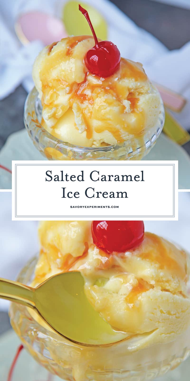 Salted Caramel Ice Cream is what salty sweet goodness dreams are made of! In just 35 minutes you can make your own homemade ice cream at home! #saltedcaramelicecream #homemadeicecream www.savoryexperiments.com