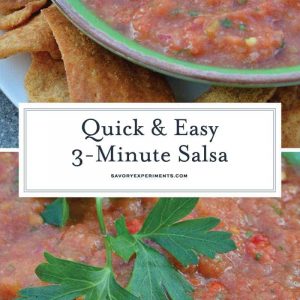 This easy Homemade Salsa recipe is ready in just 3 minutes using a blender. A blend of tomatoes, jalapenos, garlic, onion, cilantro and green chile. #homemadesalsarecipe #salsa www.savoryexperiments.com