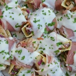 Prosciutto Wrapped Chicken Stuffed Shells and Creamy Brie Sauce is a rich and savory easy dinner you'll want to make again and again! #chickenstuffedshells #stuffedshellsrecipe www.savoryexperiments.com