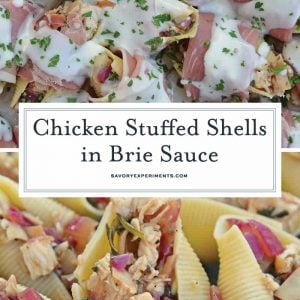 Prosciutto Wrapped Chicken Stuffed Shells and Creamy Brie Sauce is a rich and savory easy dinner you'll want to make again and again! #chickenstuffedshells #stuffedshellsrecipe www.savoryexperiments.com