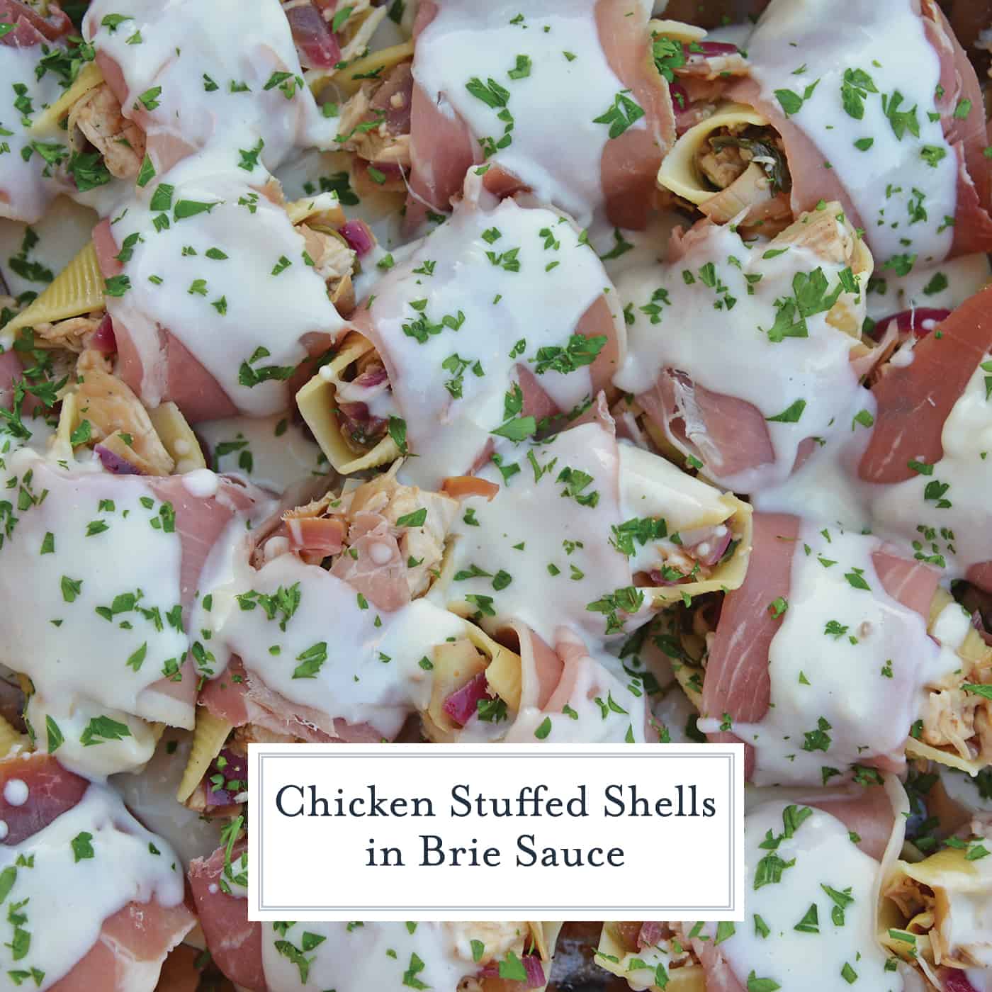 Prosciutto Wrapped Chicken Stuffed Shells and Creamy Brie Sauce is a rich and savory easy dinner you'll want to make again and again! #chickenstuffedshells #stuffedshellsrecipe www.savoryexperiments.com