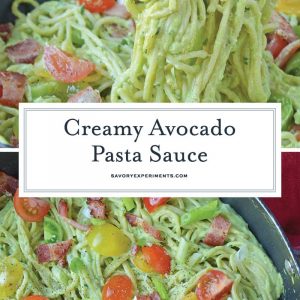 Healthy Creamy Avocado Pasta Sauce is a great alternative to traditional Alfredo sauce. Avocados, thick Greek yogurt, lemon juice, tomatoes and scallions make this wildly popular dish a favorite. Bacon optional! #avocadocreamsauce #creamyavocadopastasauce www.savoryexperiments.com