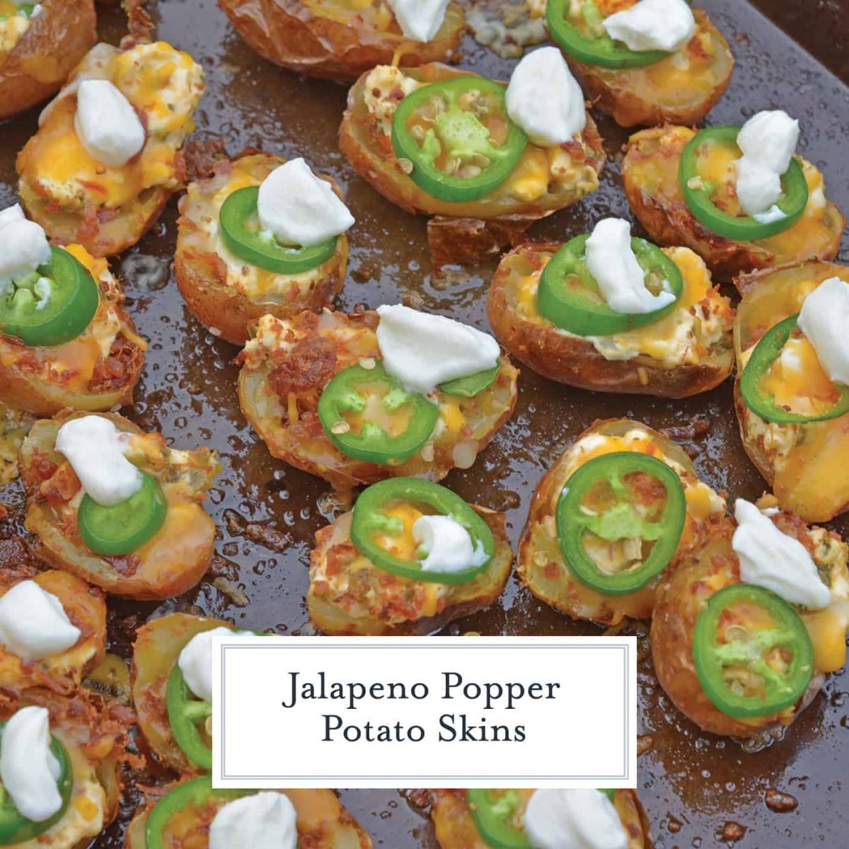 Jalapeno Popper Potato Skins are bite-sized potatoes filled with 3 types of cheese, fresh jalapenos, bacon and cooled off with sour cream. Perfect for a snack or party appetizer! #potatoskins #jalapenopoppers www.savoryexperiments.com