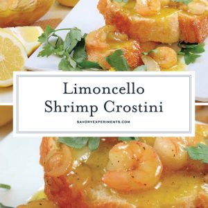 Limoncello Shrimp Crostini is made up of agrodolce sauce with shrimp, caramelized garlic and parsley spooned over crusty French bread! Ready in 20 minutes! #crostinirecipes #limoncello www.savoryexperiments.com