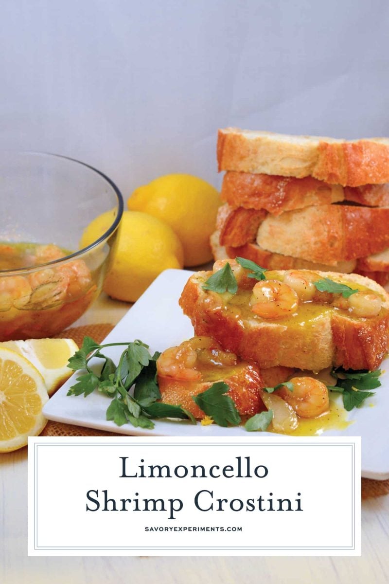 Limoncello Shrimp Crostini is made up of agrodolce sauce with shrimp, caramelized garlic and parsley spooned over crusty French bread! Ready in 20 minutes! #crostinirecipes #limoncello www.savoryexperiments.com