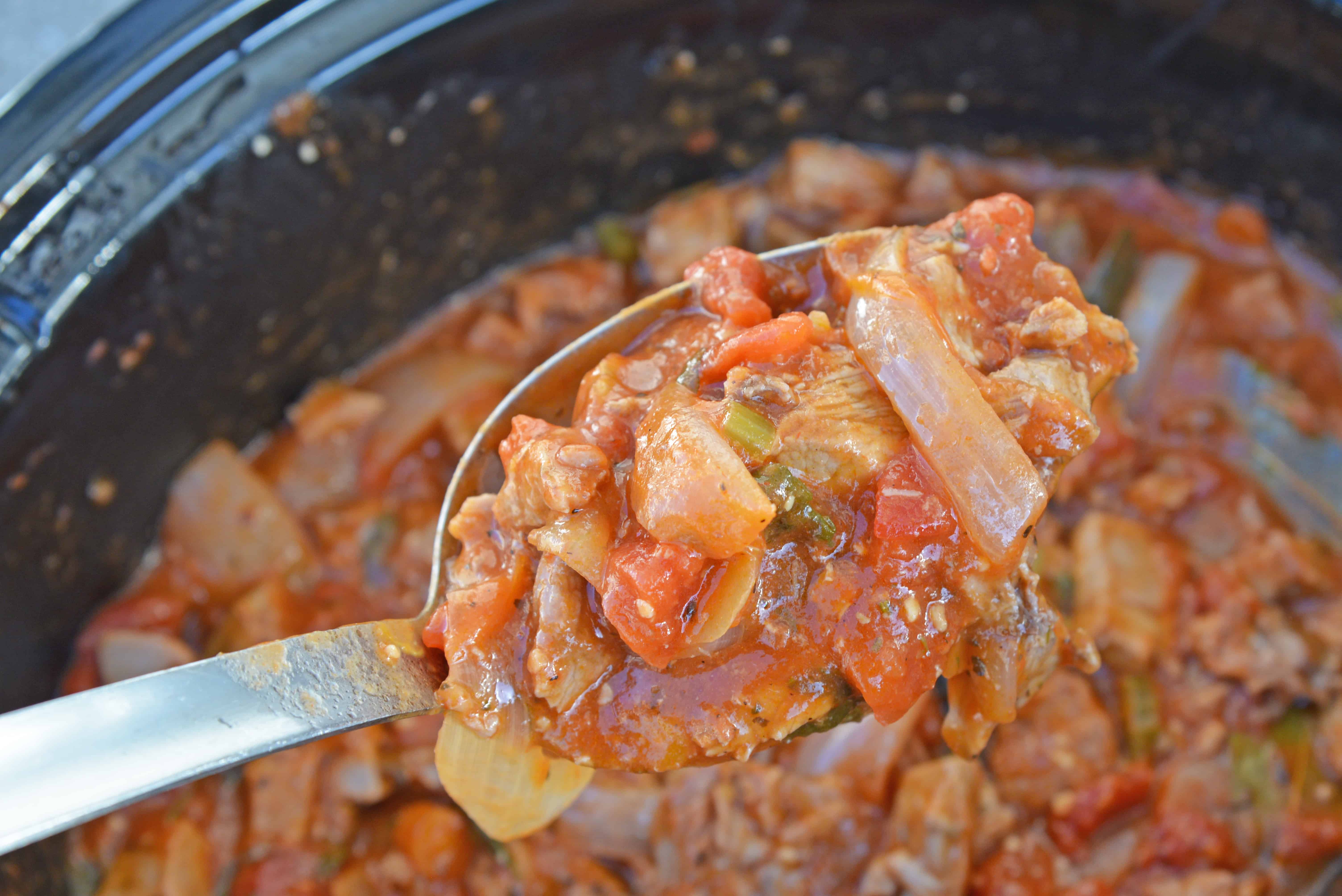 Slow Cooker Ragu uses a blend of 7 vegetables with shredded pork and flavorful spices to make a hearty and delicious ragu sauce. Serve over pasta. Also freezer friendly! #slowcookerragu #slowcookerrecipes www.savoryexperiments.com