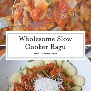 Slow Cooker Ragu uses a blend of 7 vegetables with shredded pork and flavorful spices to make a hearty and delicious ragu sauce. Serve over pasta. Also freezer friendly! #slowcookerragu #slowcookerrecipes www.savoryexperiments.com