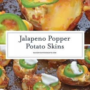 Jalapeno Popper Potato Skins are bite-sized potatoes filled with 3 types of cheese, fresh jalapenos, bacon and cooled off with sour cream. Perfect for a snack or party appetizer! #potatoskins #jalapenopoppers www.savoryexperiments.com