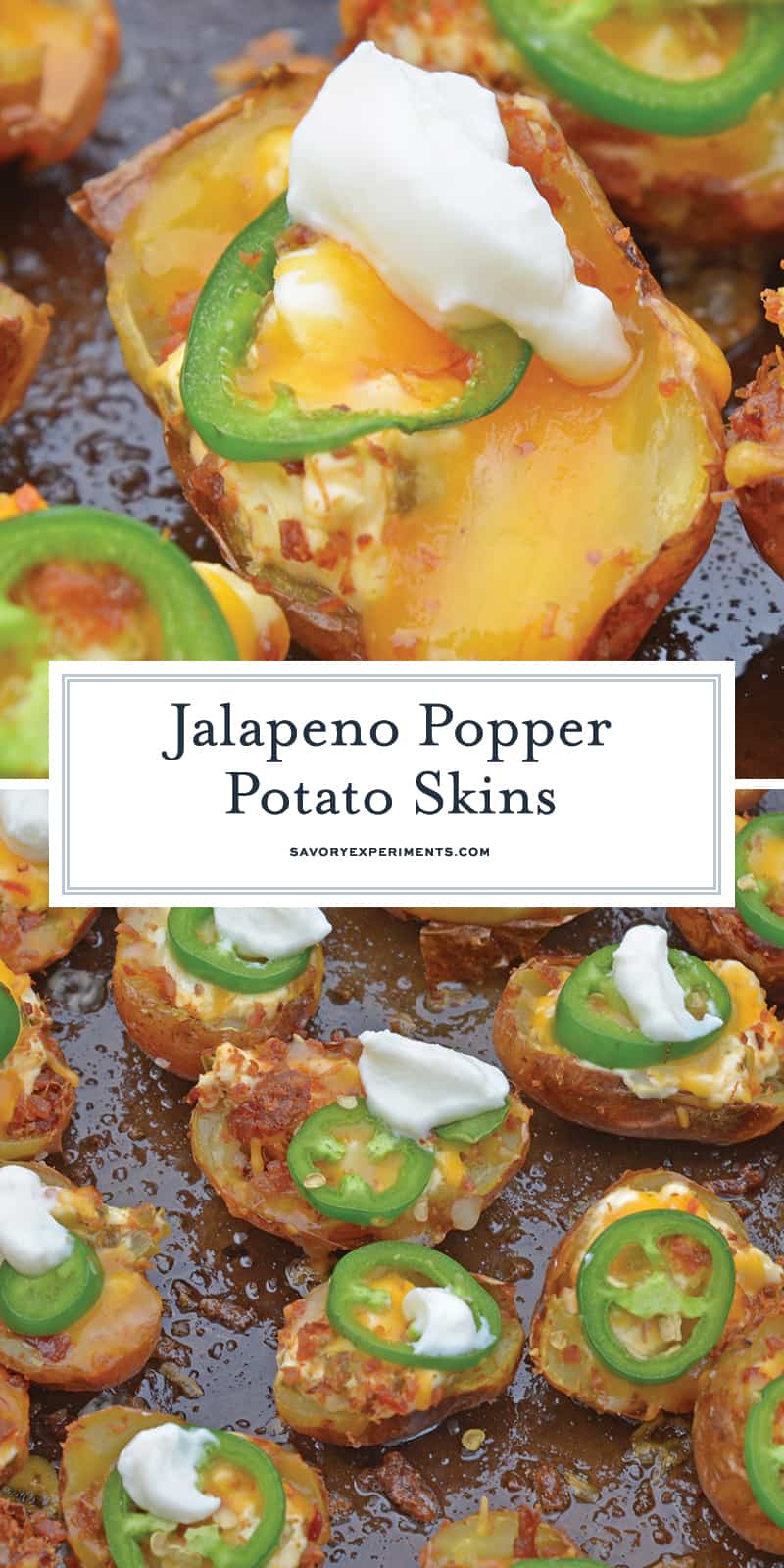 Jalapeno Popper Potato Skins are bite-sized potatoes filled with 3 types of cheese, fresh jalapenos, bacon and cooled off with sour cream. Perfect for a snack or party appetizer! #potatoskins #jalapenopoppers www.savoryexperiments.com