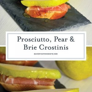 Prosciutto, Pear, and Brie Crostinis fit the bill for any party with tender prosciutto draped over warm brie and topped with a slice of pear and honey. #prosciutto #briecrostinis #crostinis www.savoryexperiments.com