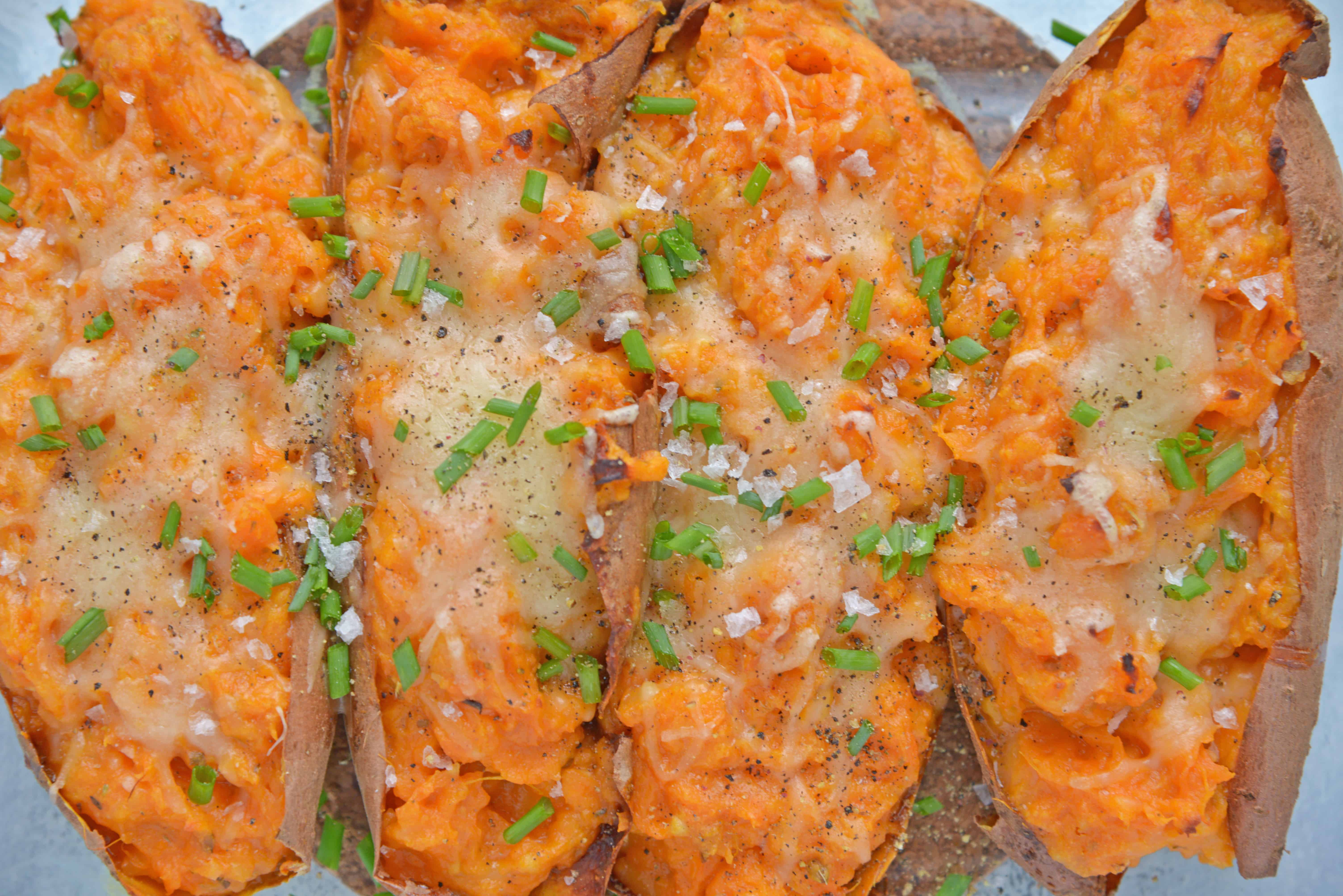 Twice Baked Sweet Potatoes take the deliciousness of whipped sweet potatoes and put them into their own little, serveable boats. #twicebakedpotatoes #sweetpotatoes www.savoryexperiments.com