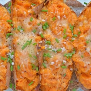 Twice Baked Sweet Potatoes take the deliciousness of whipped sweet potatoes and put them into their own little, serveable boats. #twicebakedpotatoes #sweetpotatoes www.savoryexperiments.com