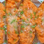 Twice Baked Sweet Potatoes take the deliciousness of whipped sweet potatoes and put them into their own little, serveable boats. #twicebakedpotatoes #sweetpotatoes www.savoryexperiments.com