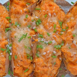 overhead close up of twice baked sweet potatoes