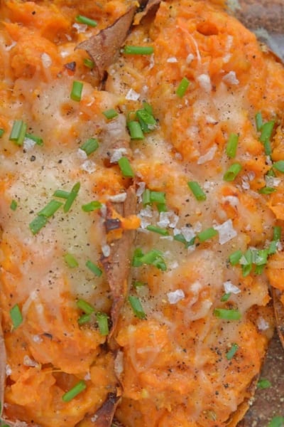 overhead close up of twice baked sweet potatoes