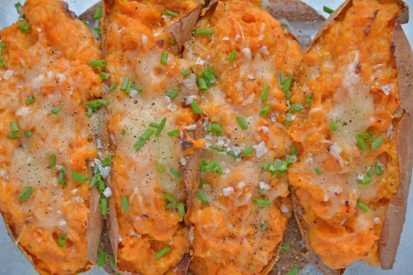 overhead close up of twice baked sweet potatoes