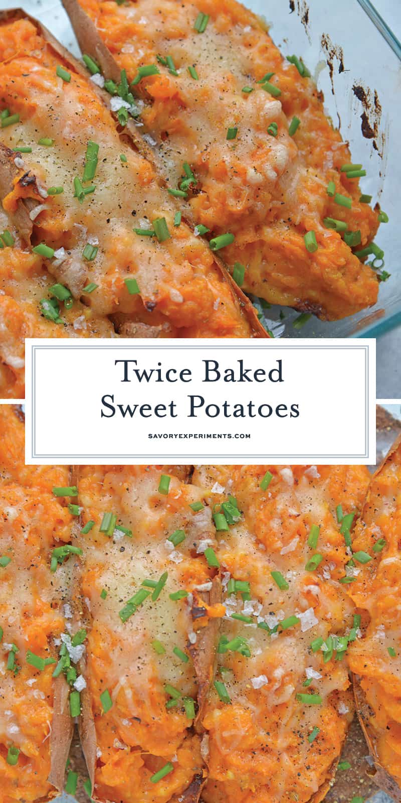 Twice Baked Sweet Potatoes take the deliciousness of whipped sweet potatoes and put them into their own little, serveable boats. #twicebakedpotatoes #sweetpotatoes www.savoryexperiments.com