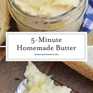 This Homemade Butter Recipe is ready in just 5 minutes using your blender, heavy cream, ice water and salt. You'll wonder why you never made butter at home before! #homemadebutter www.savoryexperiments.com