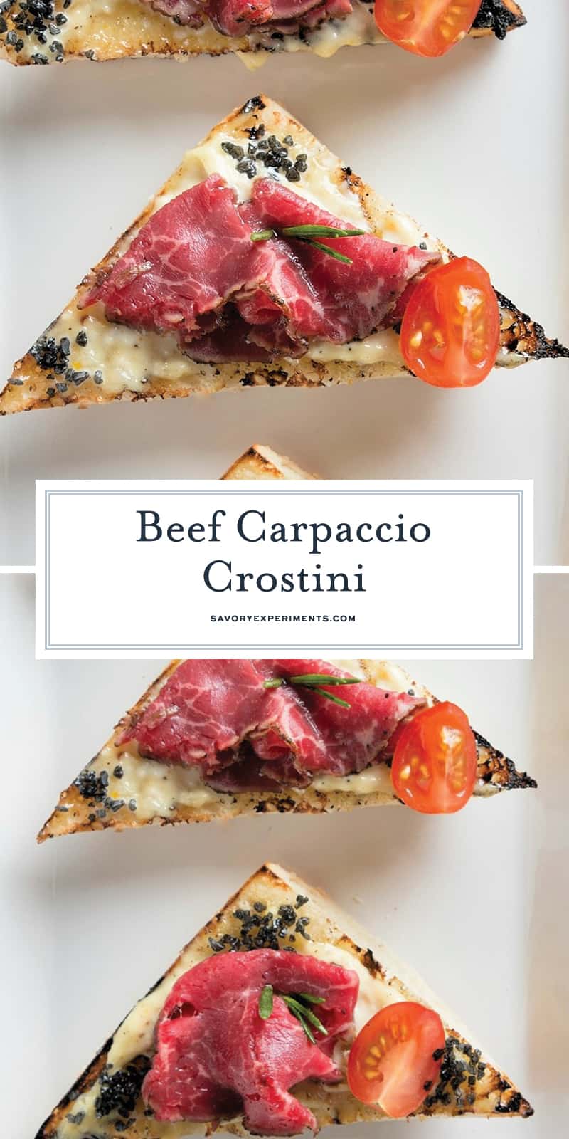 Beef Carpaccio Crostini are thinly sliced pieces of beef with garlic aioli, black sea salt and fresh rosemary with tomato. The perfect party appetizer. #beefcarpaccio #crostinirecipes www.savoryexperiments.com 