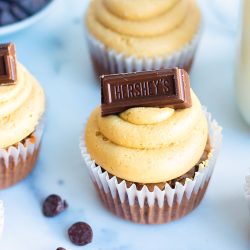 brownie cupcake with peanut butter frosting and hershey bar topping